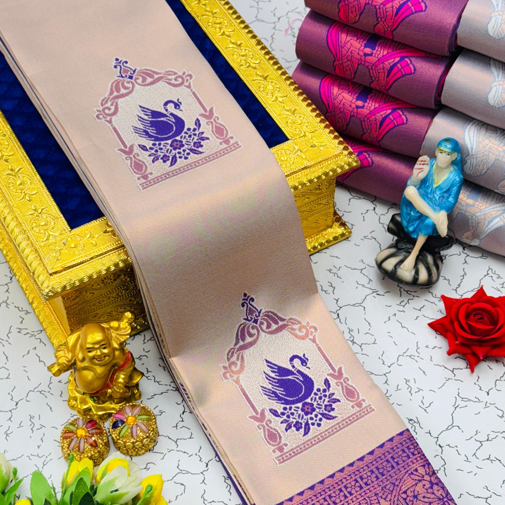 Kubera Pattu Silk Saree - creamy beige with purple