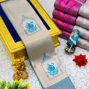 Kubera Pattu Silk Saree - Creamy Beige with Sky Blue