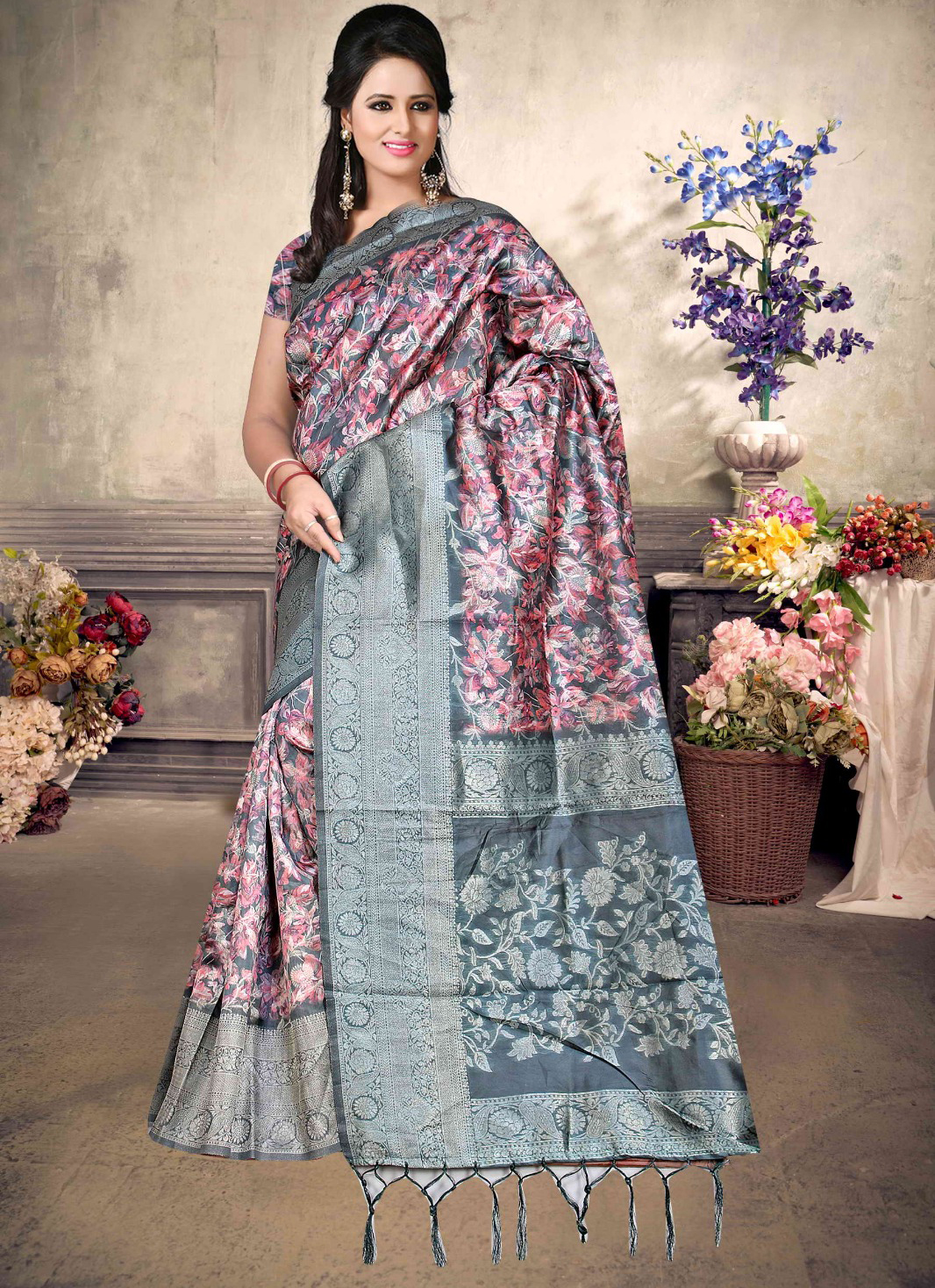 Malai Silk Saree - Pink With Blue