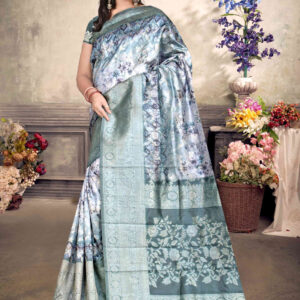 Malai Silk Saree - Cream with Green