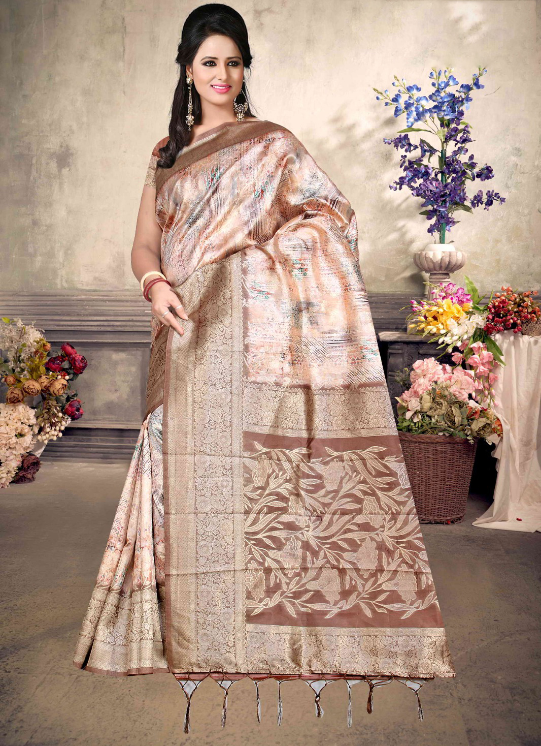 Malai Silk Saree - Brown with pastel Pink