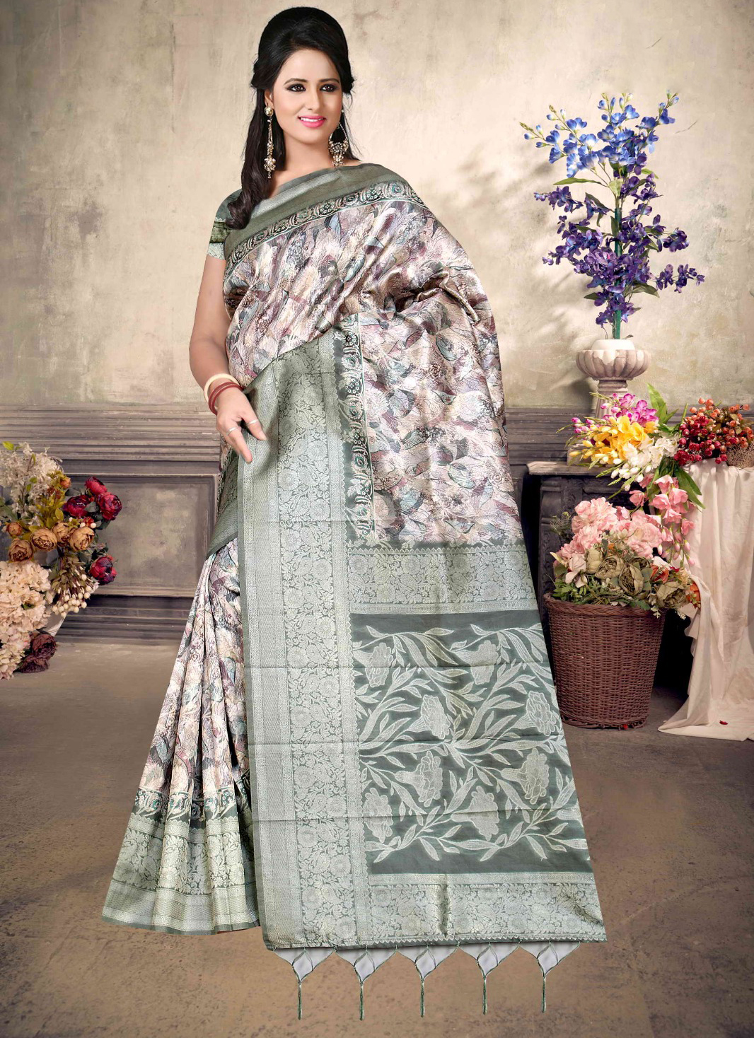 Malai Silk Saree - Green with Pastel Pink