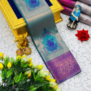 Kundera Pattu Silk Saree - Grey With Blue