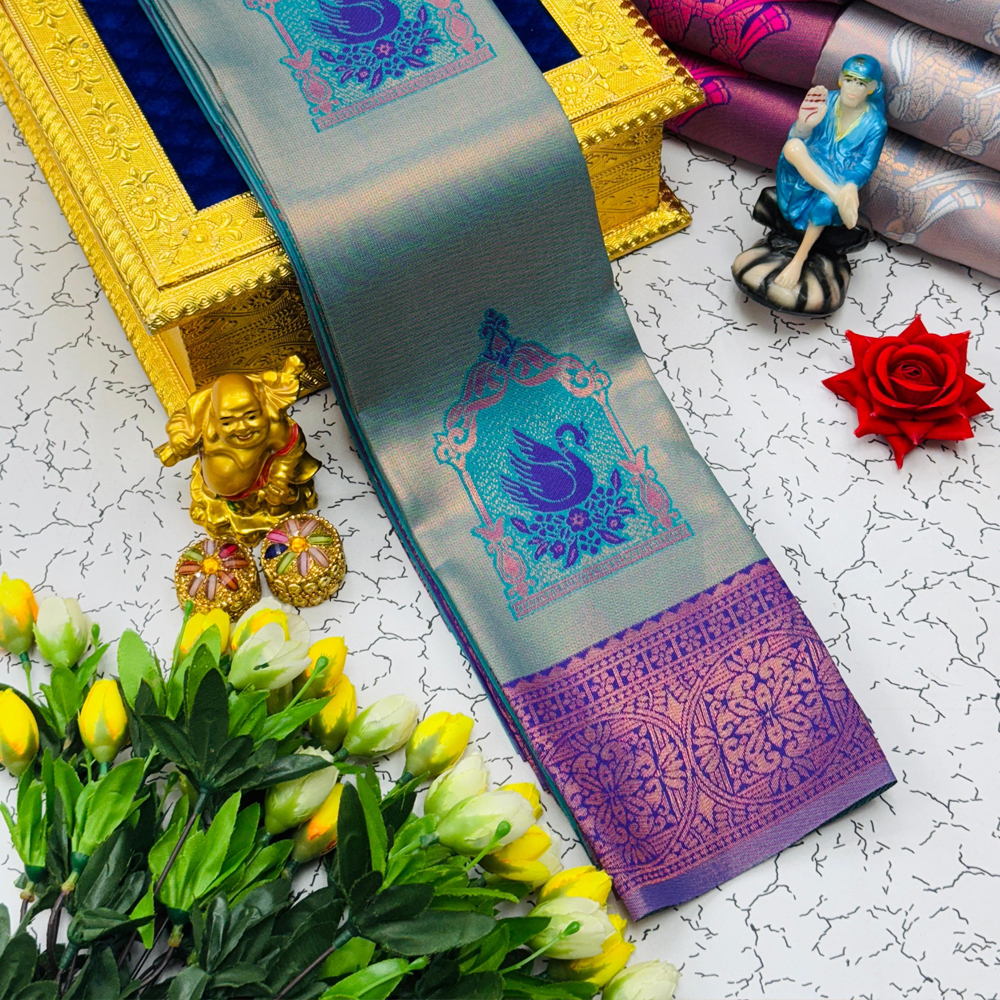 Kundera Pattu Silk Saree - Grey With Blue